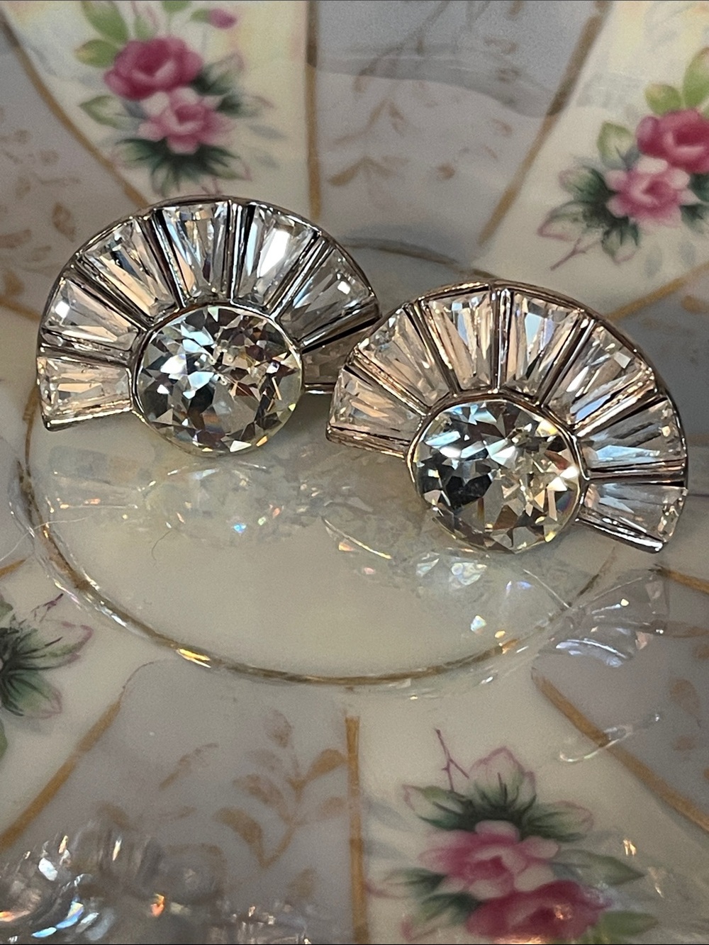 Vintage Anne Klein Art Deco Fan Shaped Crystal Rhinestone Clip On Earrings